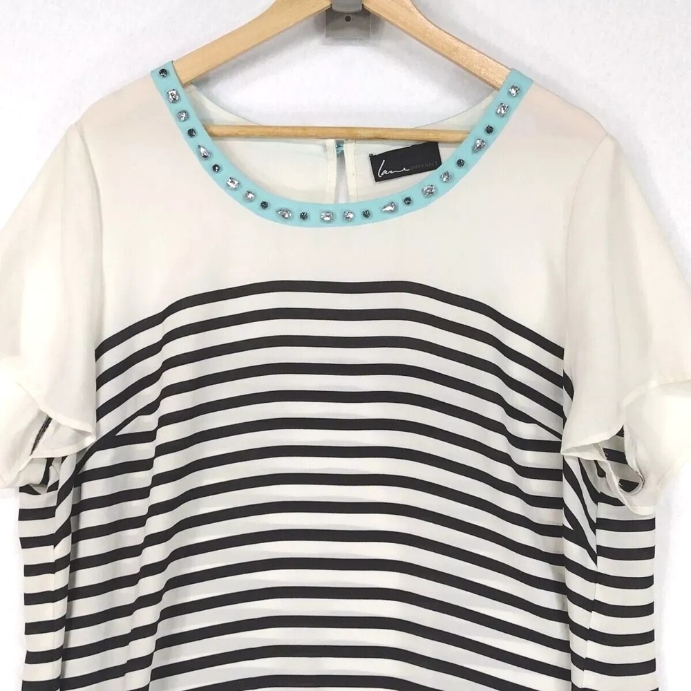 Lane Bryant Women Plus Short Sleeve Rhinestone Collar Top Ivory Black Stripe 2XL